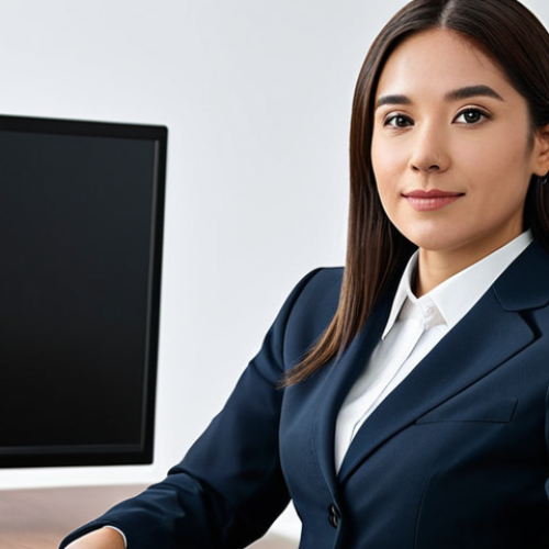 Home 4 이미지 1:** A professional businesswoman in a modest business suit, sitting at a desk in a modern office, fully clothed, appropriate attire, safe for work, perfect anatomy, natural proportions, professional photography, high quality.