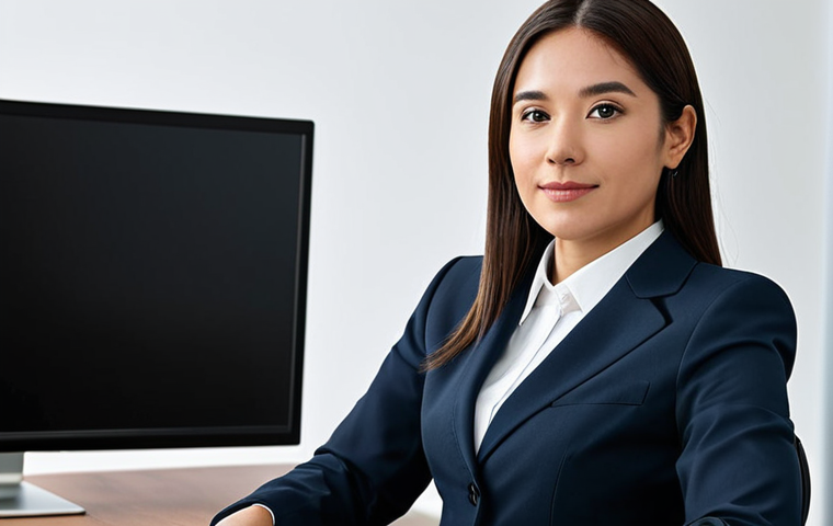 이미지 1:** A professional businesswoman in a modest business suit, sitting at a desk in a modern office, fully clothed, appropriate attire, safe for work, perfect anatomy, natural proportions, professional photography, high quality.