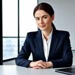 A professional businesswoman in a modest business suit, sitting at a desk in a modern office, fully clothed, appropriate attire, safe for work, perfect anatomy, natural proportions, professional photography, high quality.