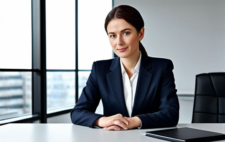 A professional businesswoman in a modest business suit, sitting at a desk in a modern office, fully clothed, appropriate attire, safe for work, perfect anatomy, natural proportions, professional photography, high quality.