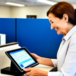 체크카드 안전하게 사용하는 법 - **Image:** A friendly bank teller helping a customer at a brightly lit bank counter. The customer is...